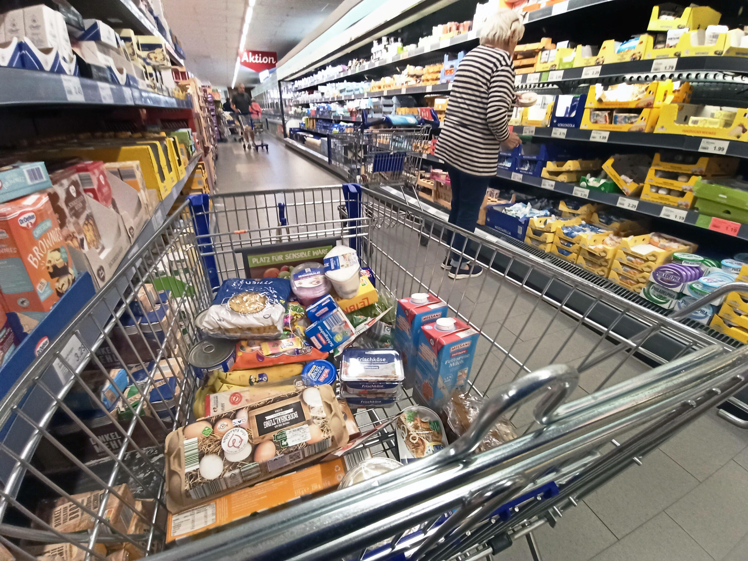 Verschiedene Lebensmittel liegen in einem Einkaufswagen in einem Supermarkt. (Symbolbild)