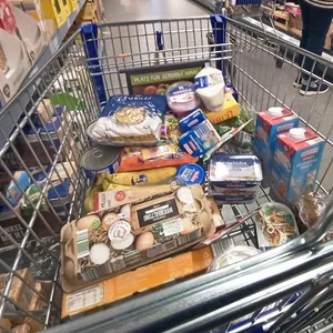 Verschiedene Lebensmittel liegen in einem Einkaufswagen in einem Supermarkt. (Symbolbild)