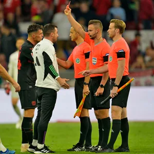 Schiedsrichter Daniel Schlager zeigt Bayerns Co-Trainer Zsolt Löw vom die Rote Karte