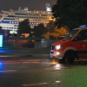 Ein Einsatzfahrzeug vor dem Eingang der Werft in Steinwerder. Im Hintergrund: die AIDAsol.
