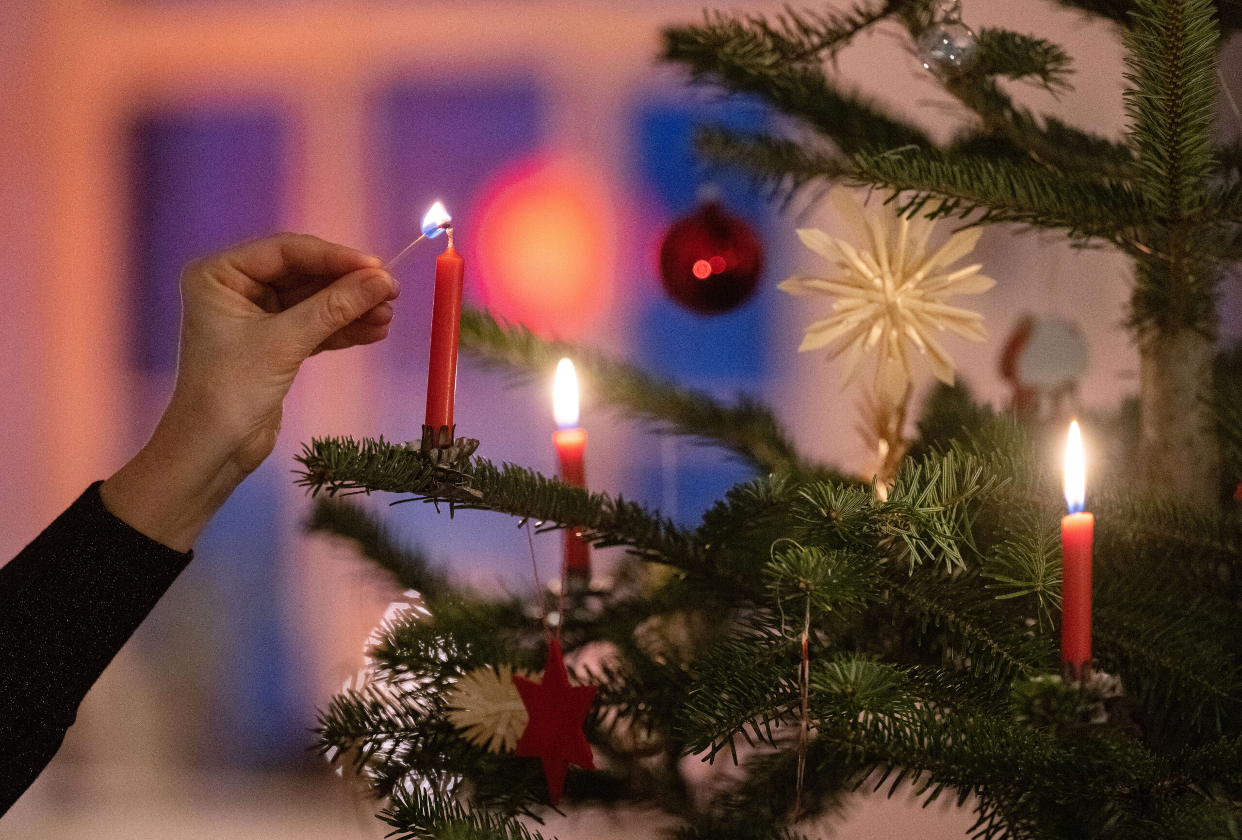 Jemand zündet eine rote Kerze an einem Weihnachtsbaum an.