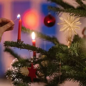 Jemand zündet eine rote Kerze an einem Weihnachtsbaum an.