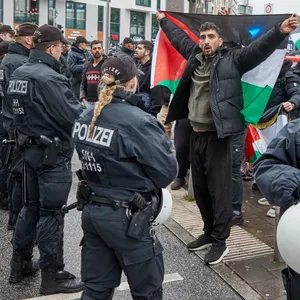 Demonstranten mit Palästina-Flaggen stehen vor Polizisten auf dem Steindamm in St Georg.(Archivbild)