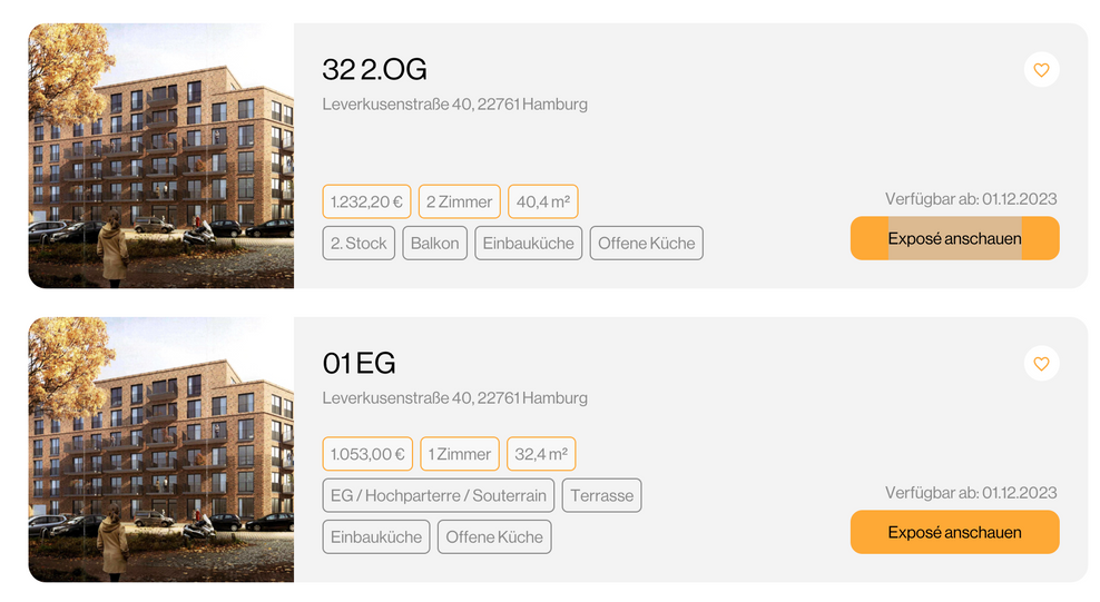 Die Wohnangebote für den Neubau in der Leverkusenstraße. Bei den hier angezeigten Preisen sind die Nebenkosten schon inklusive.