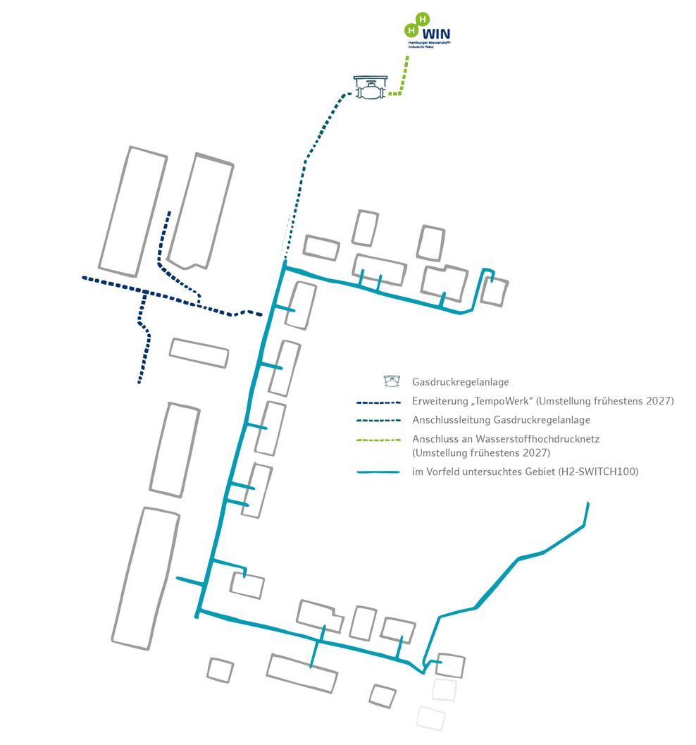 Das Pilotgebiet, in dem im Rahmen des Projekts ab 2027 Wasserstoff fließen soll, umfasst 16 Anschlüsse.
