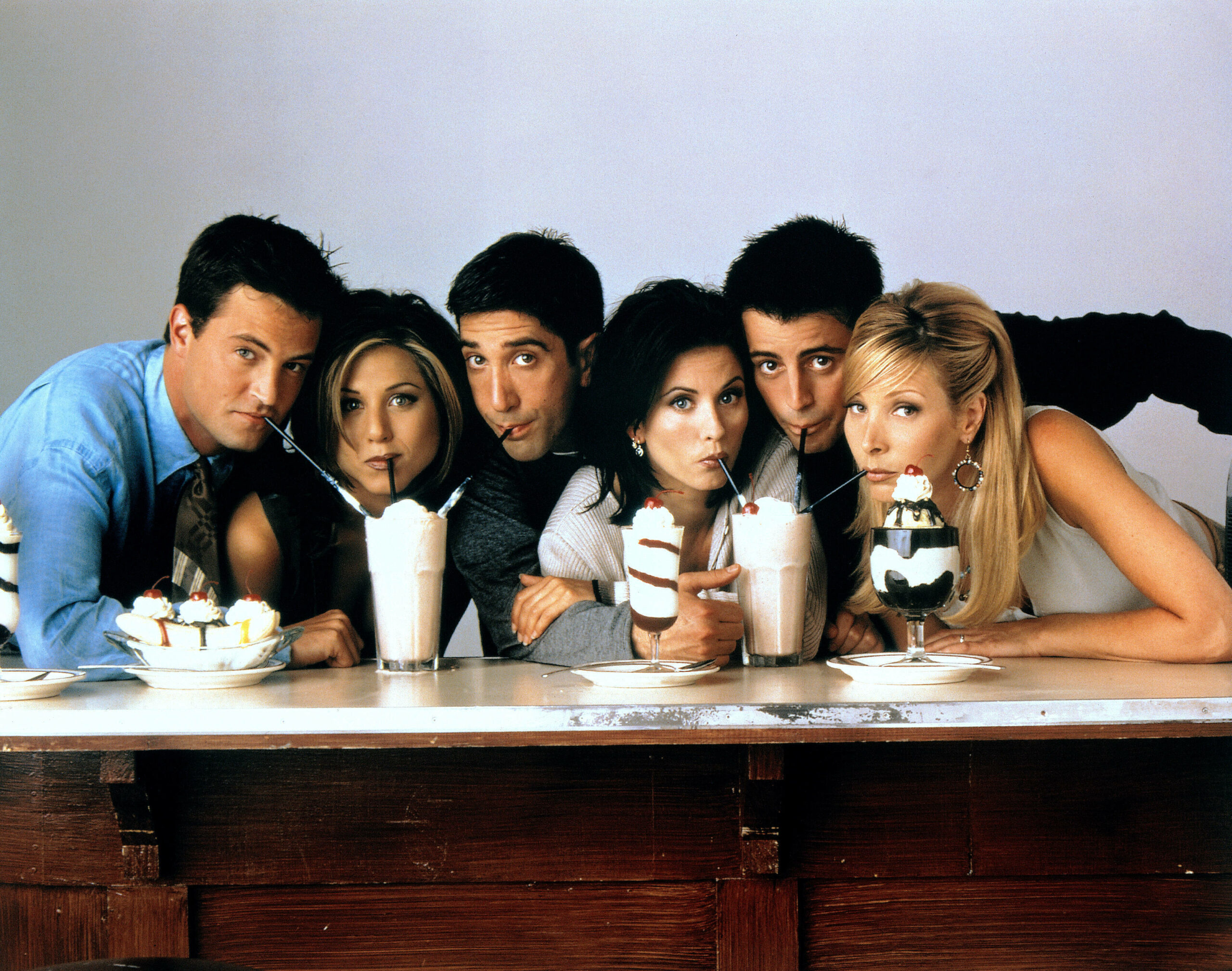 Die „Friends“-Schauspieler: Matthew Perry (v.l.n.r.), Jennifer Aniston, David Schwimmer, Courteney Cox, Matt Leblanc und Lisa Kudrow.
