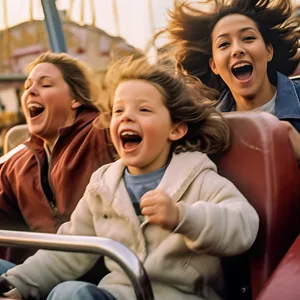 Zwei Frauen und ein Kind fahren Achterbahn