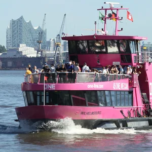 Eine pink angestrichene Hadag-Fähre auf der Elbe, im Hintergrund Kräne und die Elbphilharmonie