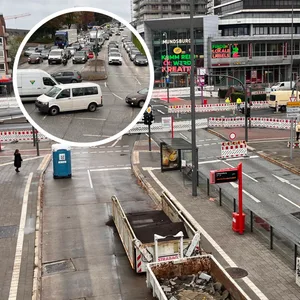 Wegen der Riesen-Baustelle am Einkaufszentrum Hamburger Meile staut es sich auch noch mehrere Hundert Meter weiter (Collage).