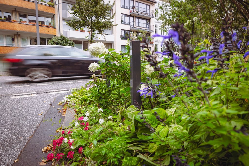 Bunte Blumenbeete in der Bogenstraße