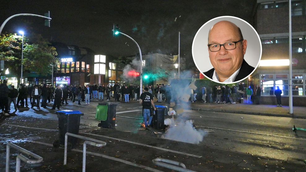 Rafael Behr, Professor für Polizeiwissenschaften. Großes Foto: Ausschreitung am Halloween-Abend in Harburg