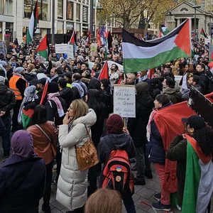Menschen demonstrieren gegen den Gaza-Krieg in Hamburg.