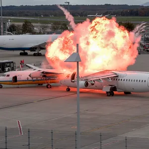 Ein Feuerball ist über zwei Flugzeugen zu sehen, die am Flughafen Köln/Bonn als Notfallübung zusammengestoßen sind.