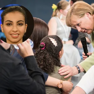 Reem Sahwil brach bei einem Bürgerdialog im Jahr 2015 in Rostock mit der damaligen Kanzlerin Angela Merkel in Tränen aus – die Szene ging damals viral. (Archivbild)