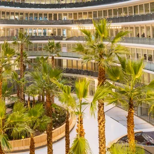 Das neue Deutschlandhaus hat neun Etagen plus das Erdgeschoss. In der Mitte befindet sich ein Atrium mit Palmen.