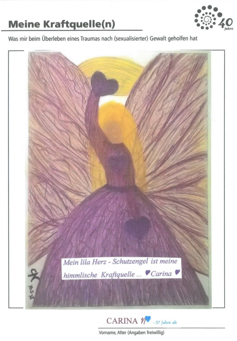 Eines der Werke, die in der Ausstellung „Meine Kraftquelle(n)“ zu sehen sind. Es zeigt einen lilafarbenen Schutzengel mit der Unterschrift „Mein lila Herz-Schutzengel ist meine himmlische Kraftquelle“.