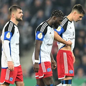 Lukasz Poreba, Stephan Ambrosius und Dennis Hadzikadunic schleichen mit gesenkten Köpfen über den Platz in Bielefeld.