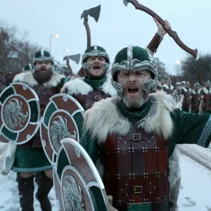 Verkleidete Mitglieder des Jarl-Gefolges marschieren mit Äxten während des Festes „Up Helly Aa“, einem Wikingerfest auf den Shetland-Inseln. (Archivbild)