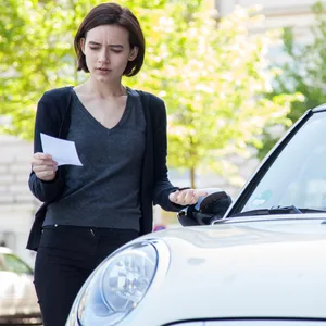 Eine junge Frau an ihrem Auto, sie hält einen Strafzettel in der Hand