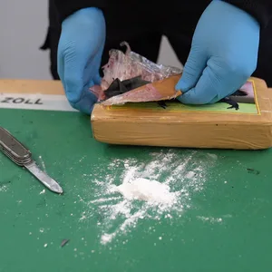 Ein Zollbeamter öffnet ein Paket mit weißem Pulver.