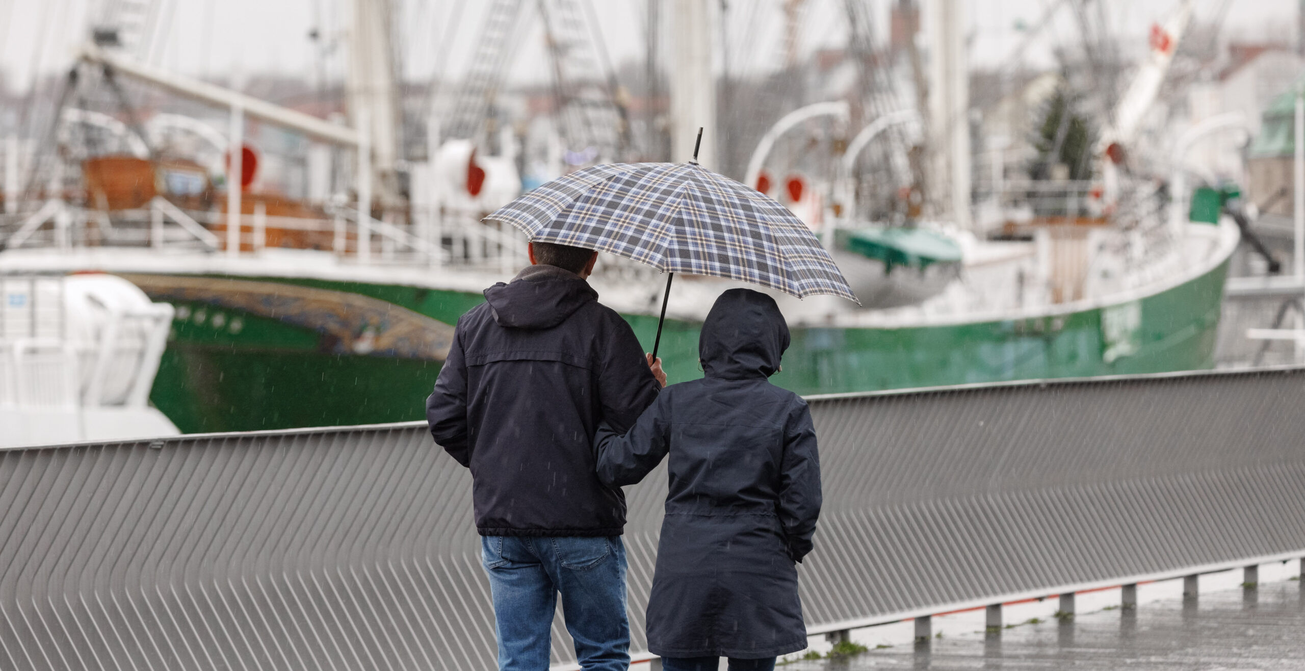 Hamburger gehen bei Nieselregen mit einem Regenschirm auf dem Hochwasserschutzbauwerk Baumwall spazieren.
