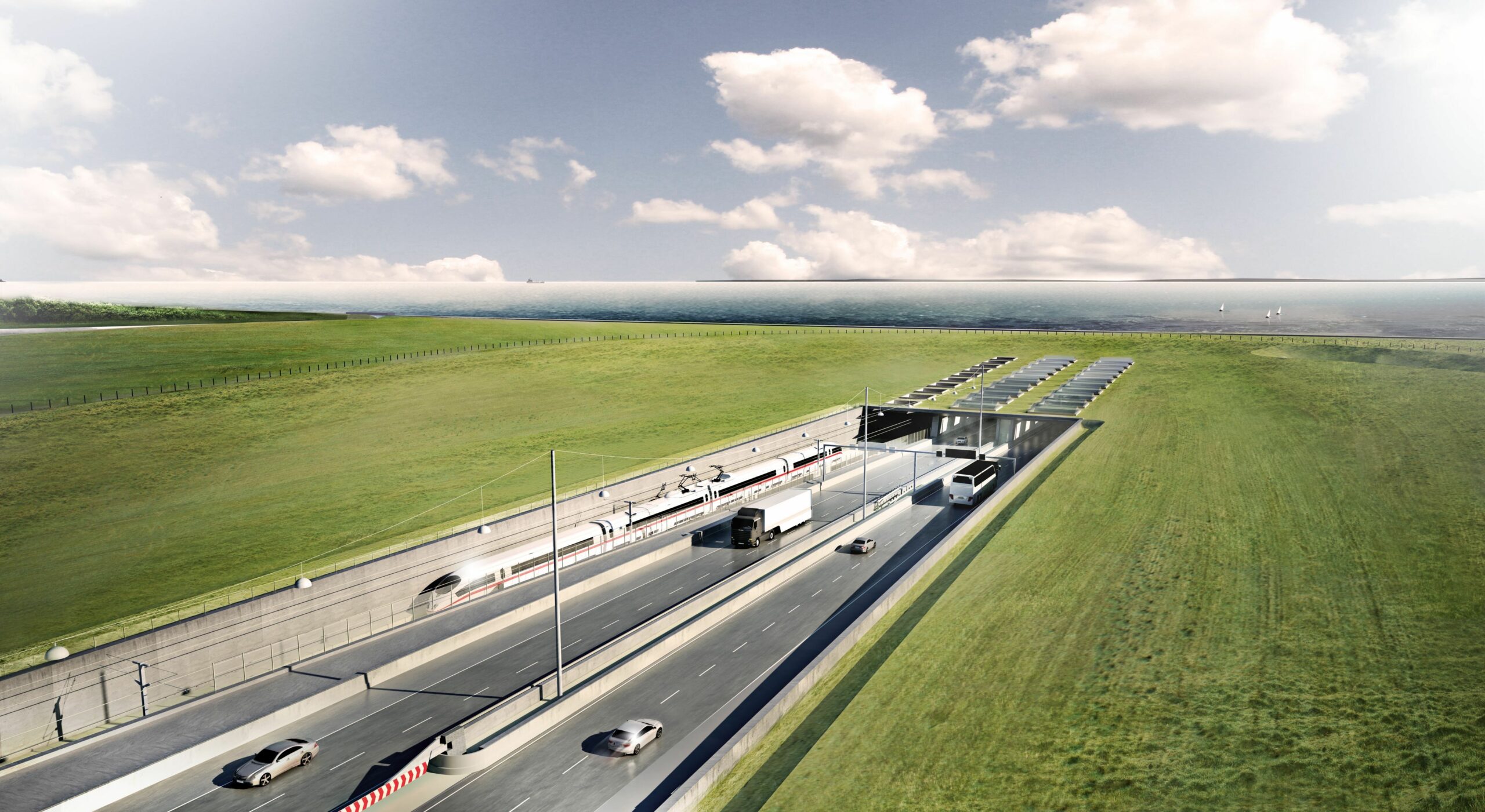Visualisierung des Bereichs vorm geplanten Fehmarnbelt-Tunnel, vier Fahrspuren für Autos und Gleise für die Bahn