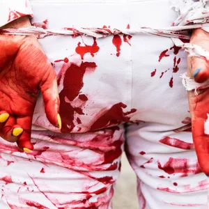 Eine Frau protestiert mit zusammengebundenen Händen und künstlichem Blut gegen sexuelle Gewalt an Frauen und Mädchen (Archivbild).