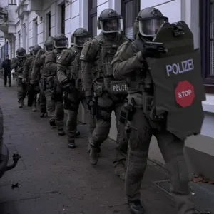 SEK-Kräfte vor dem Wohnhaus in Bahrenfeld.