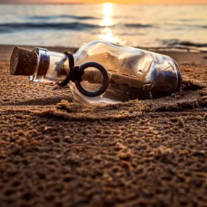 Flaschenpost am Strand beim Sonnenuntergang