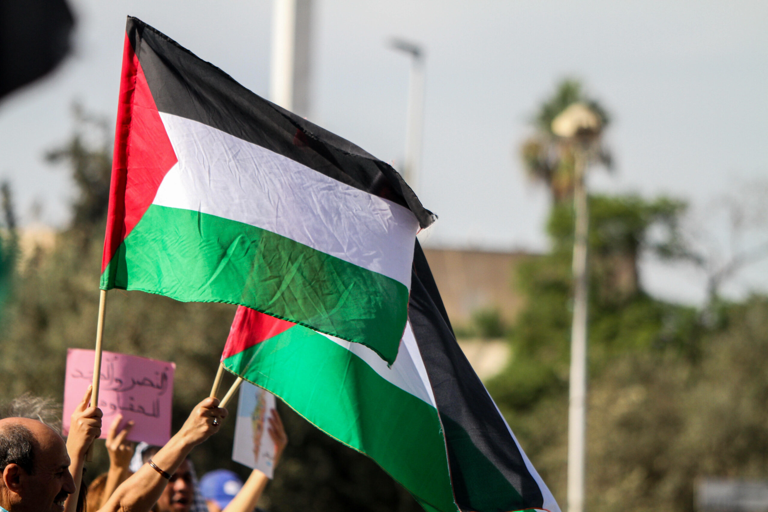 Menschen halten auf einer Demonstration Palästina-Fahnen hoch. (Symbolbild)