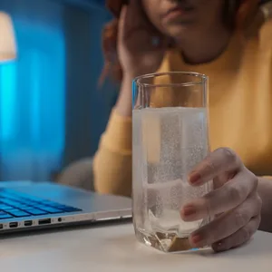 Eine Frau mit einem Glas Wasser, in dem Elektrolytpulver aufgelöst ist