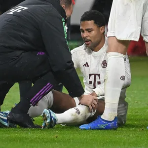 Serge Gnarby am Boden, um ihn herum Spieler und Betreuer