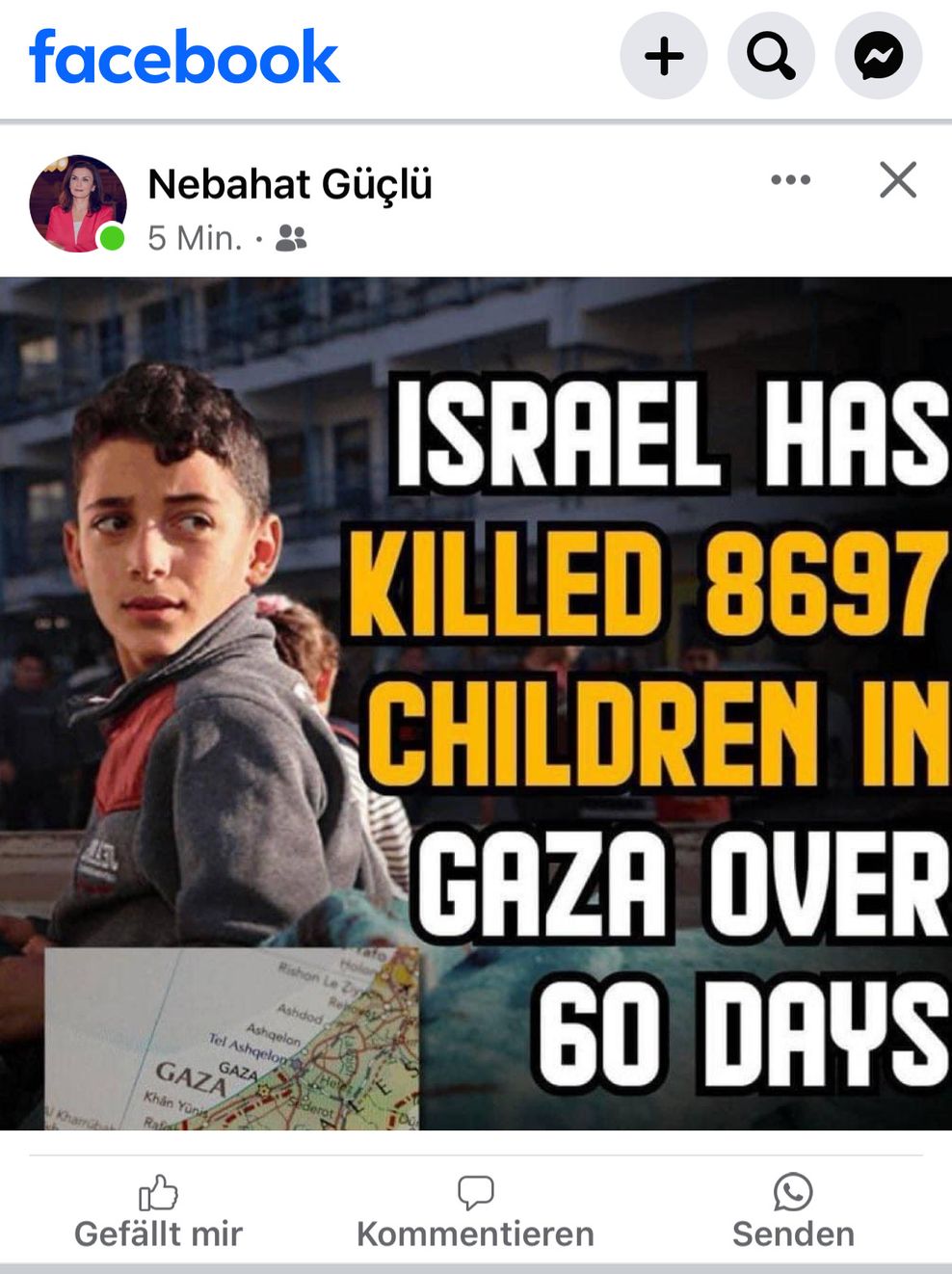 Mit diesem Facebook-Post greift Nebahat Güclü (SPD) israelfeindliche Narrative auf.
