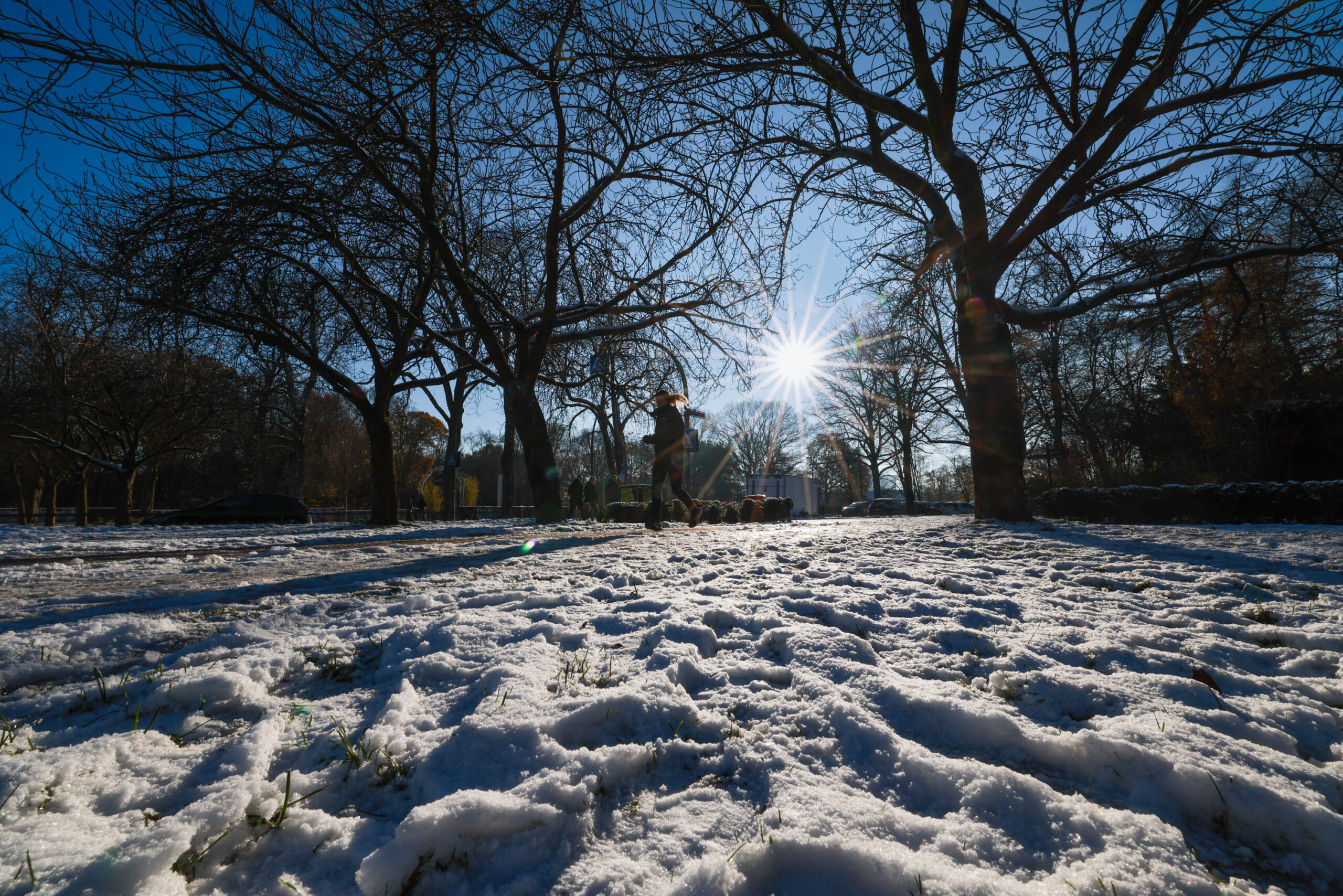 Schnee liegt im Stadtpark, eine Frau joggt auf dem Weg.