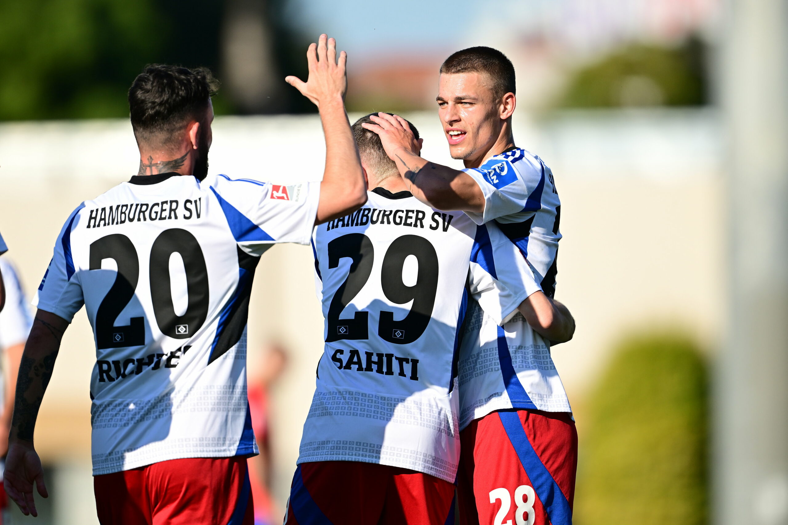 Die Profis des HSV jubeln über das 1:0 von Emir Sahiti (Mitte).