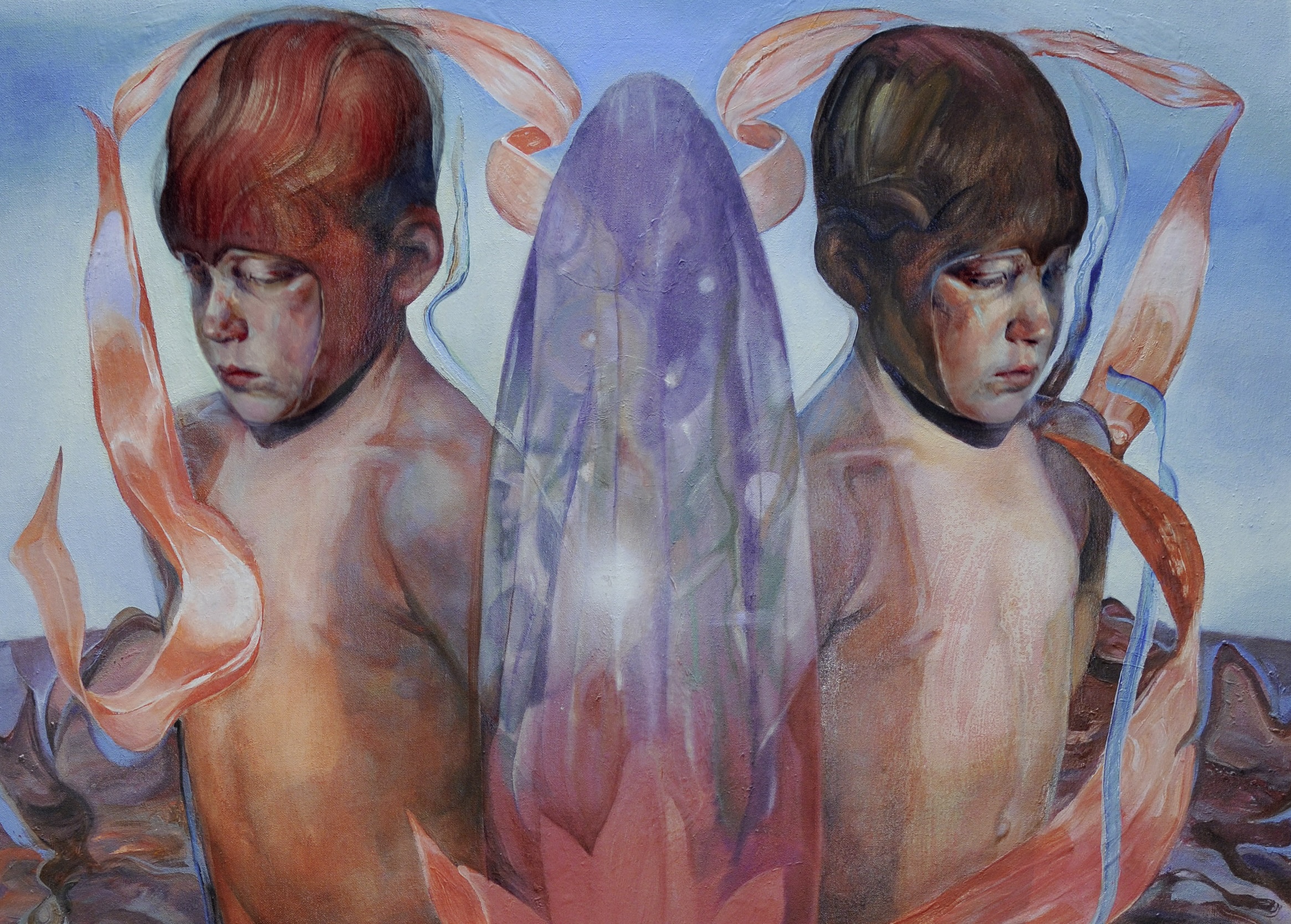 Das Bild in Blau- und Orangetönen zeigt unter anderem zwei nackte Jungen, vermutlich gespiegelt