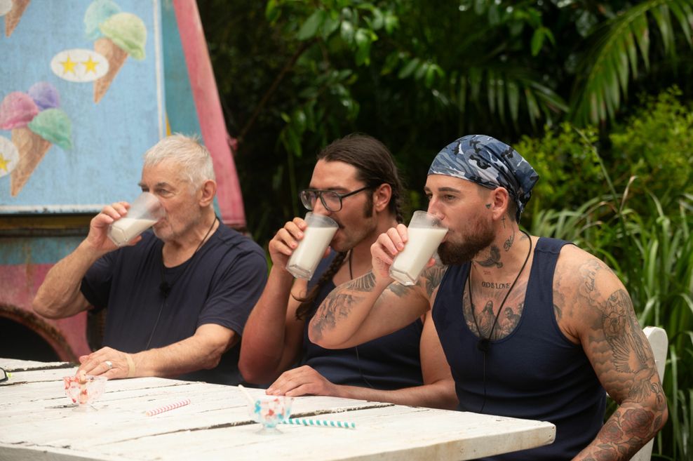 Heinz Hoenig, Fabio Knez, Mike Heiter in ihrer Dschungelprüfung