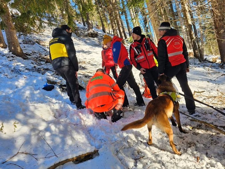 Einsatzkräfte der Feuerwehr in Innichen in Südtirol suchen nach einem 16 Jahre alten Mädchen, das bei einem Sturz ums Leben gekommen war. Es sind Bäume in einem Wald zu sehen, es liegt Schnee.