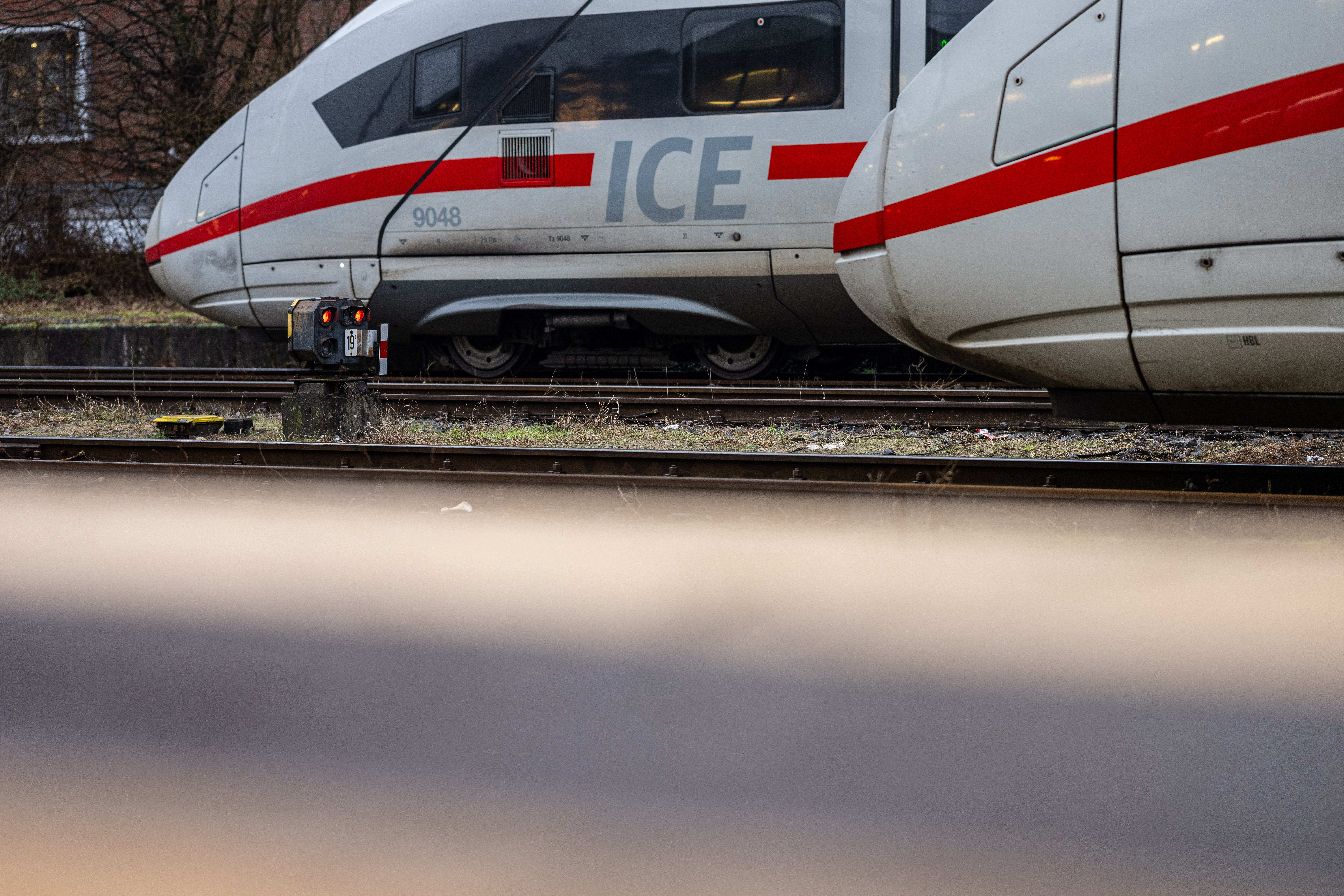 Zwei ICE stehen auf Gleisen an einem Bahnhof. (Symbolbild)