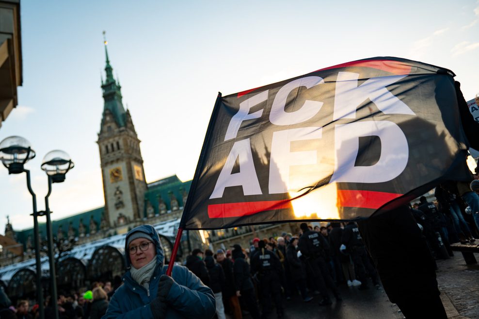 Eine Frau hält auf einer Demo vor dem Hamburger Rathaus eine Fahne mit der Botschaft „FCK AFD“ in der Hand.