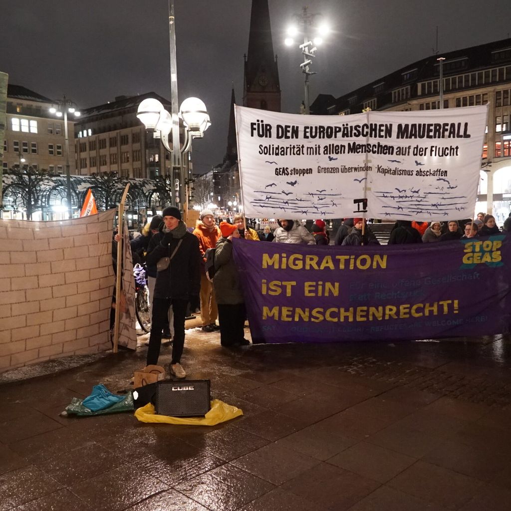 Demonstranten vor dem Hamburger Rathaus