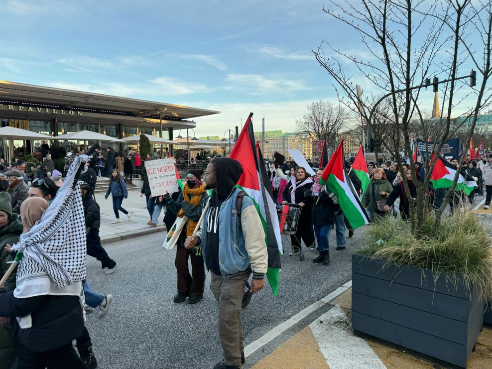 Demonstranten mit Palästina-Flaggen am Jungfernstieg.