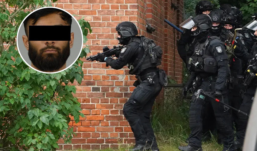 Spezialkräfte der Polizei auf dem Kieler Kasernengelände, oben links ein Foto von Danial A.