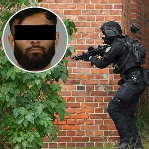Spezialkräfte der Polizei auf dem Kieler Kasernengelände, oben links ein Foto von Danial A.