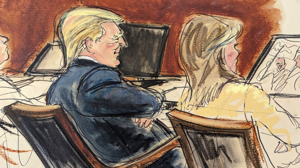 Skizze aus dem Gerichtssaal in Manhattan: Donald Trump neben seiner Anwältin Alina Habba.