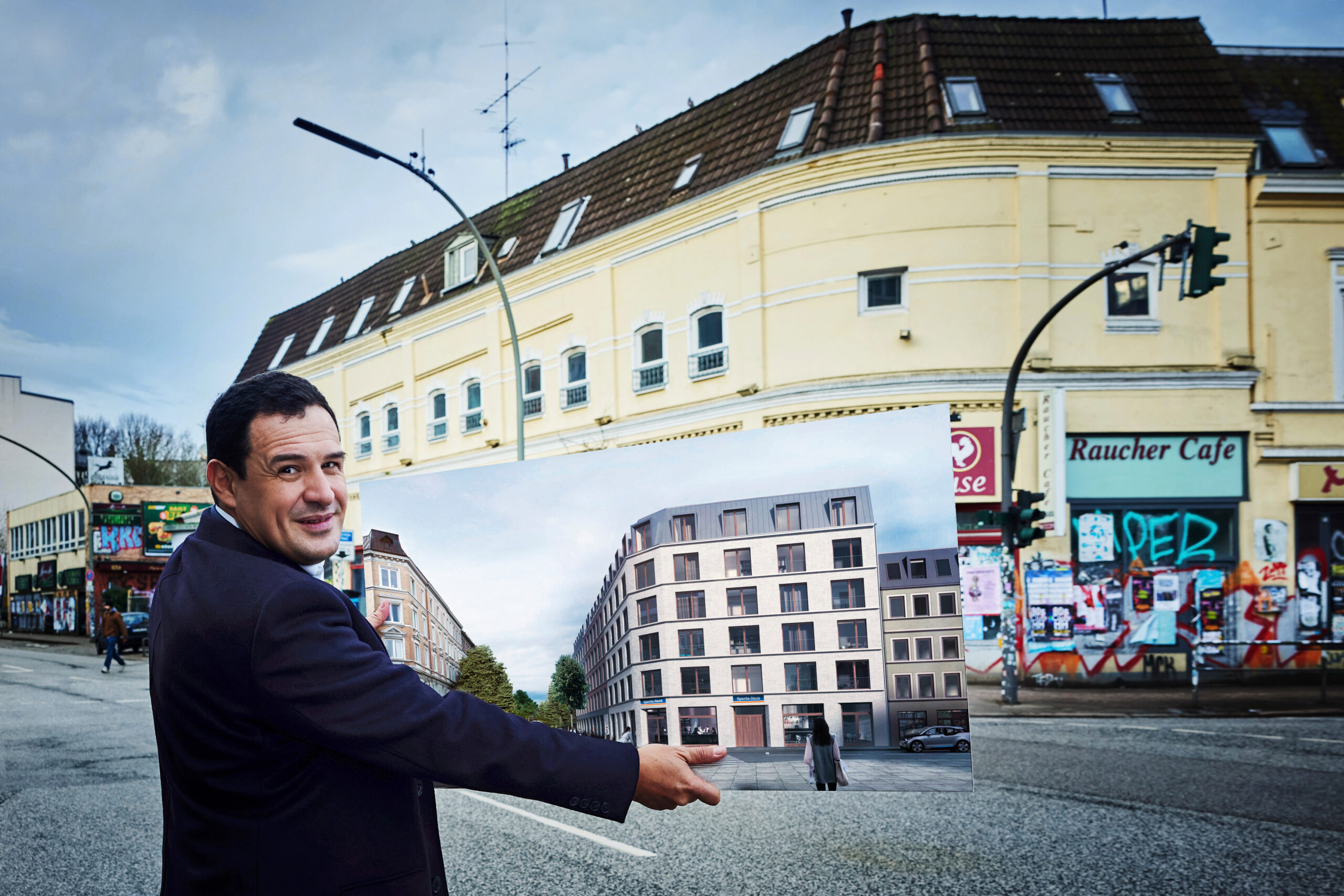 Stephan Liesegang, Sparda-Bank-Vorstand, zeigt, wie der Neubau an der Barnerstraße aussehen wird.
