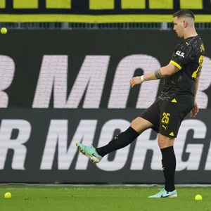Dortmunds Niklas Süle kickt auf das Spielfeld geworfene Tennisbälle vom Rasen.