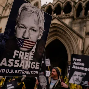 Vor dem High Court in London haben sich Demonstranten versammelt: Sie fordern, dass Julian Assange nicht in die USA ausgeliefert wird.
