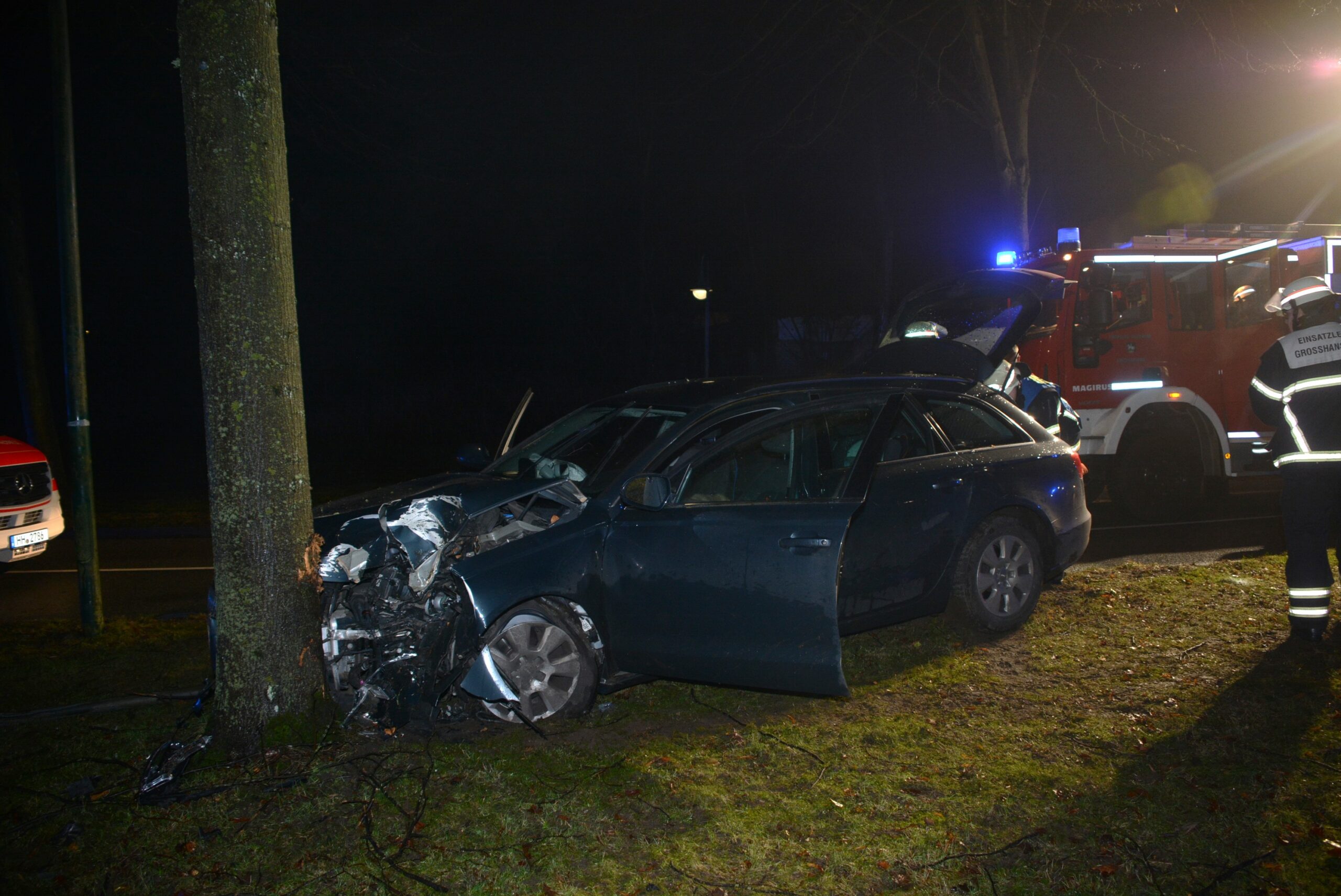 Der Audi krachte in Großhansdorf frontal gegen einen Baum.