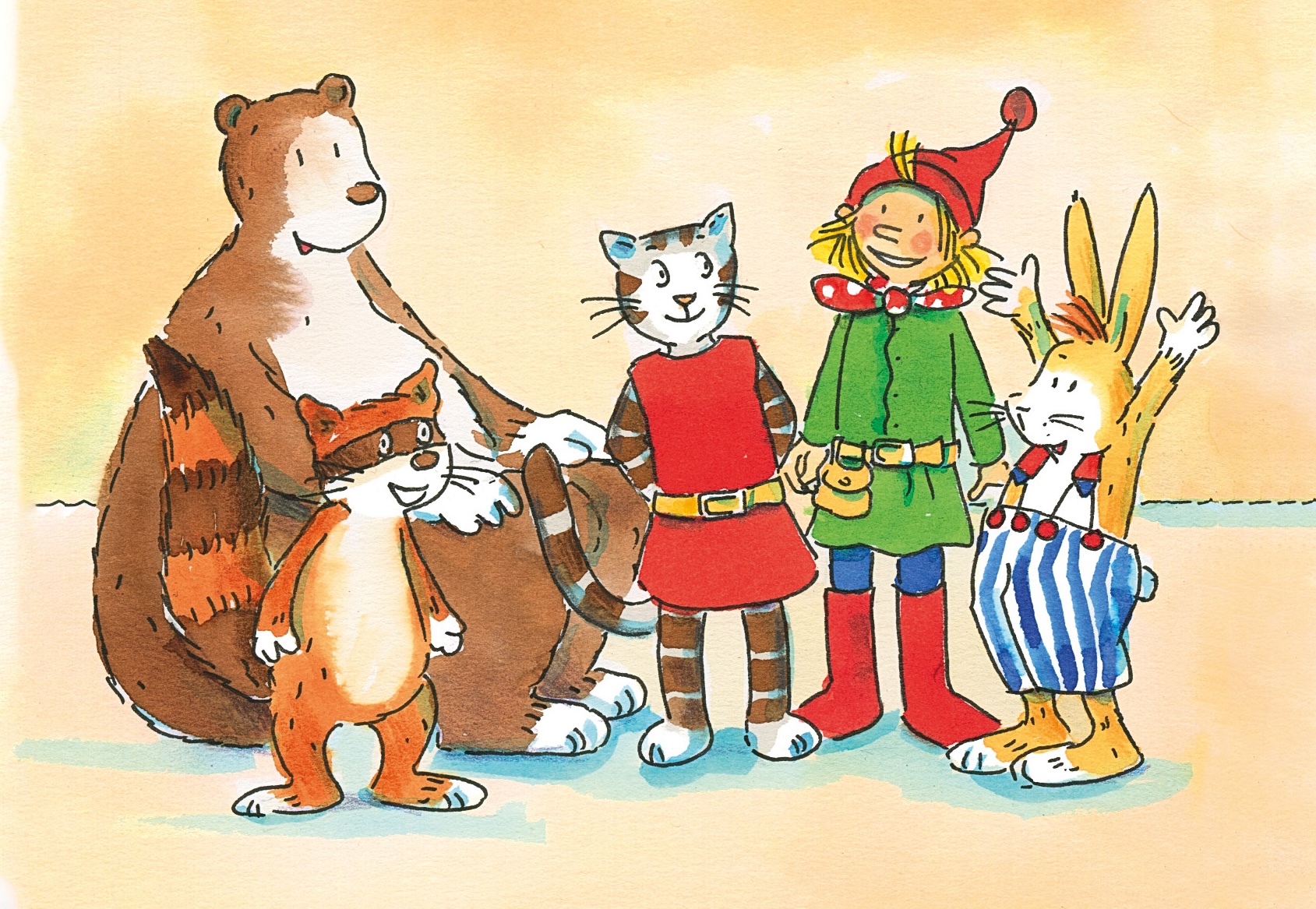 Bunte Zeichnung von Pixi, Bär, Waschbär, Katze und Hase